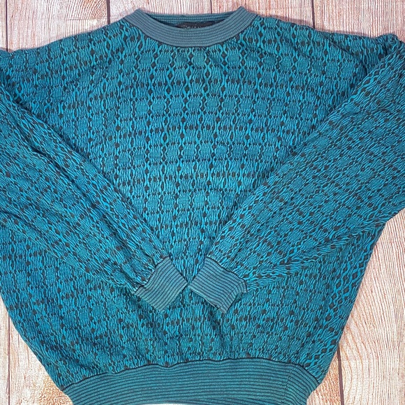 Jhane Barnes Men’s Large Vintage Teal Black Pattern Sweater 90s Knit Hong Kong - Picture 13 of 13